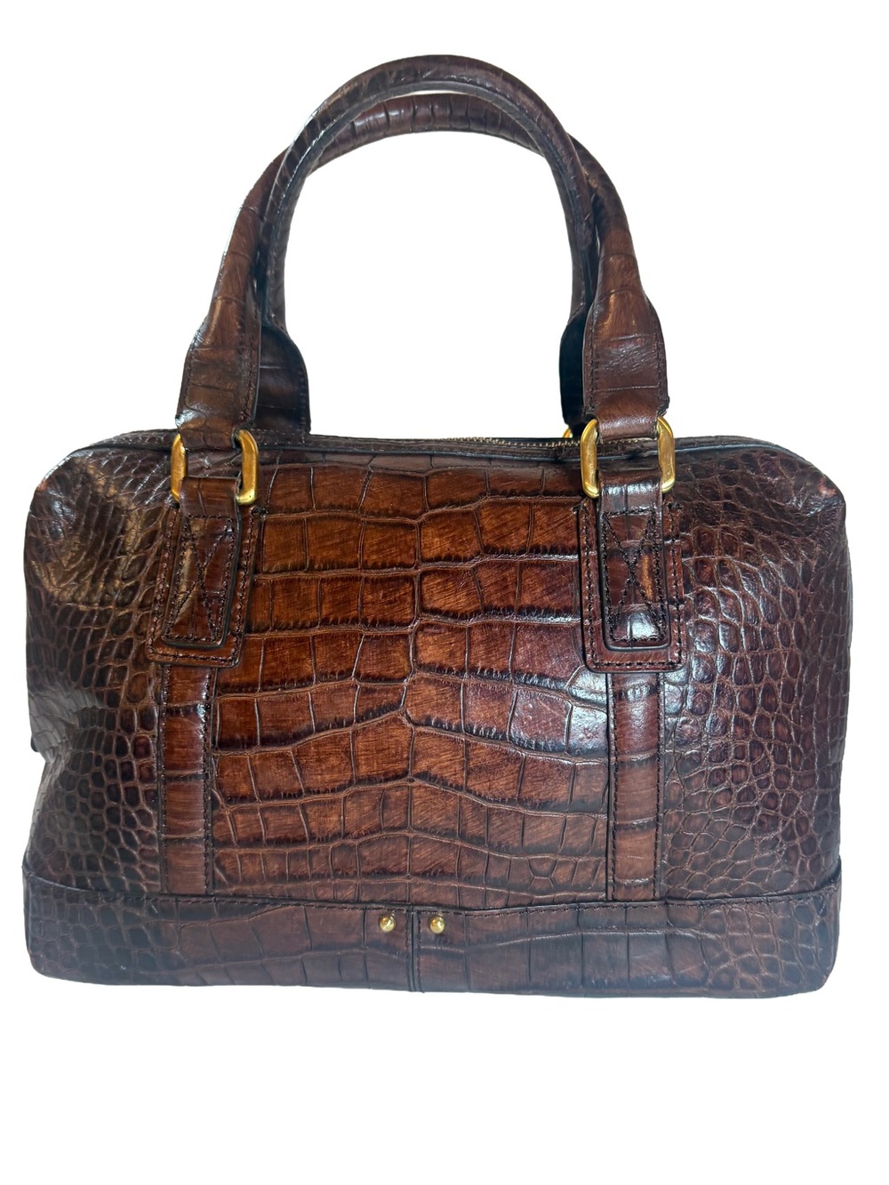 Cole Haan Vintage Croc Embossed Mahogany Genuine Leather Satchel Bowler Bag